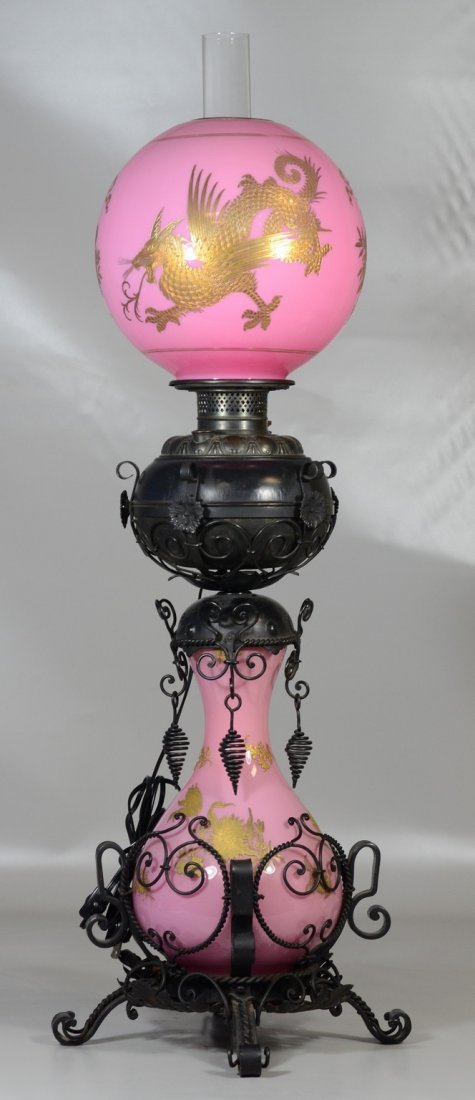 Pink glass and black painted metal oil lamp,  ornate (1 of 3)