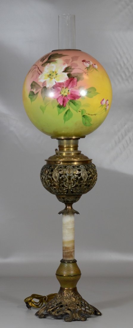 Brass and agate Victorian banquet lamp, floral painted (1 of 2)