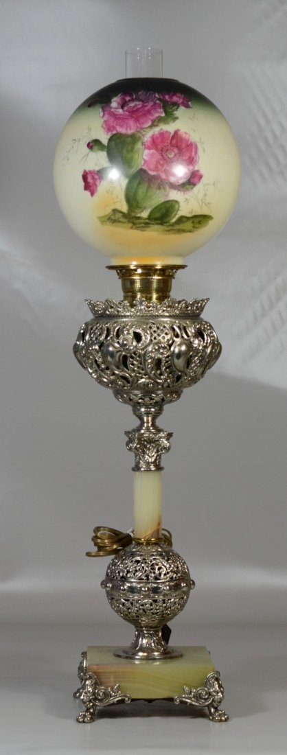 Nickel plated brass and agate Victorian banquet lamp, (1 of 2)