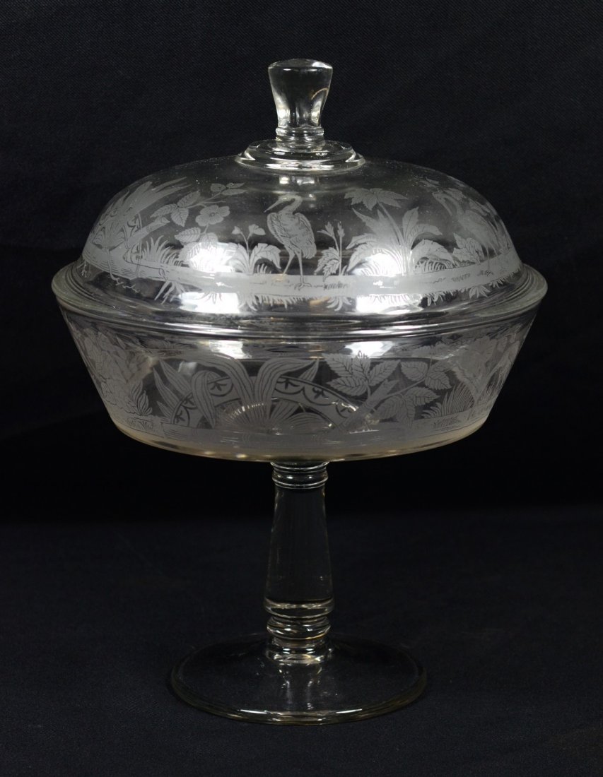 Pressed glass covered compote with etched exotic bird (1 of 2)