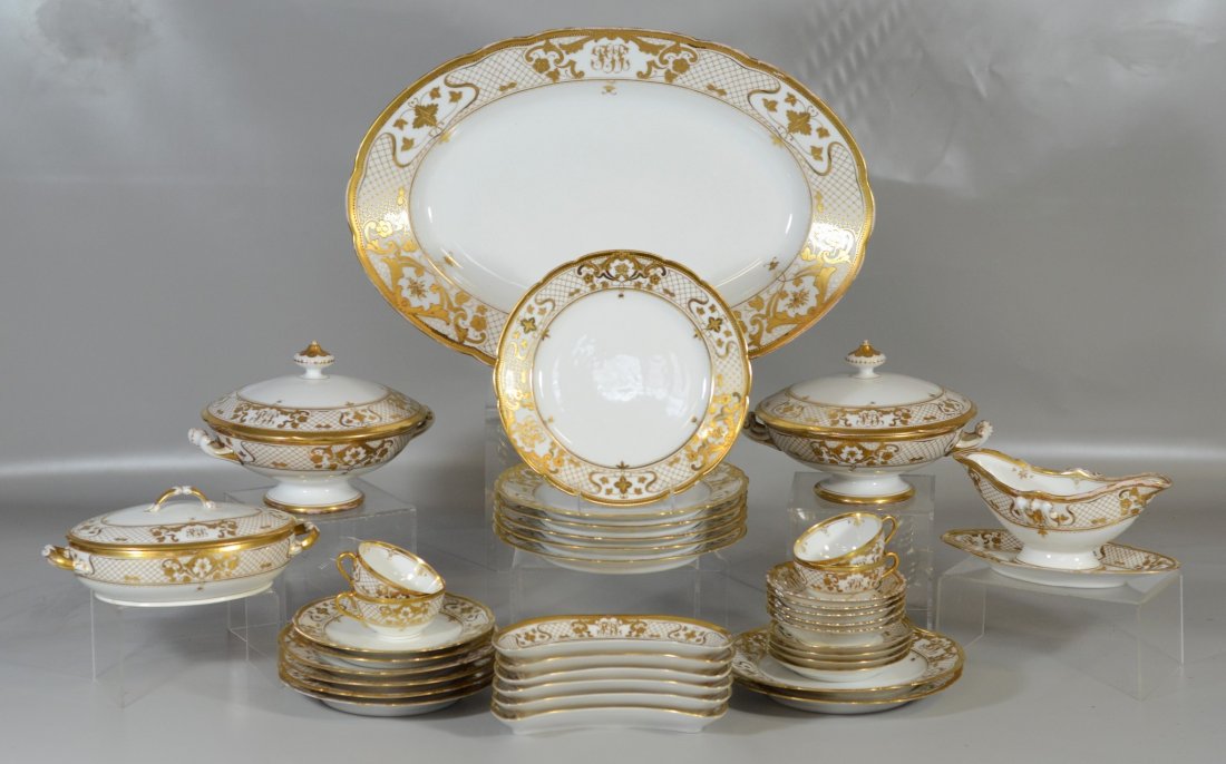 Lamm Dresden gilt dinnerware with monogram - 38 pieces:: Lamm Dresden gilt dinnerware with monogram - 38 pieces: 6 10" dinner plates (chip to edge of one), 2 9-1/2" luncheon plates (marked in red 114M), 4 8-3/4" salad plates (2 with rim chips), 2 7-3/4" B&B