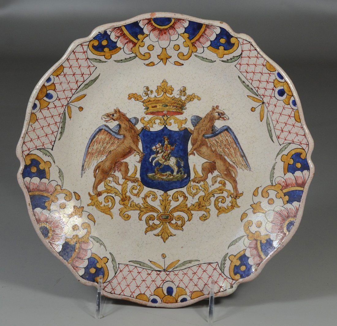 Continental armorial faience enameled plate marked to (1 of 2)