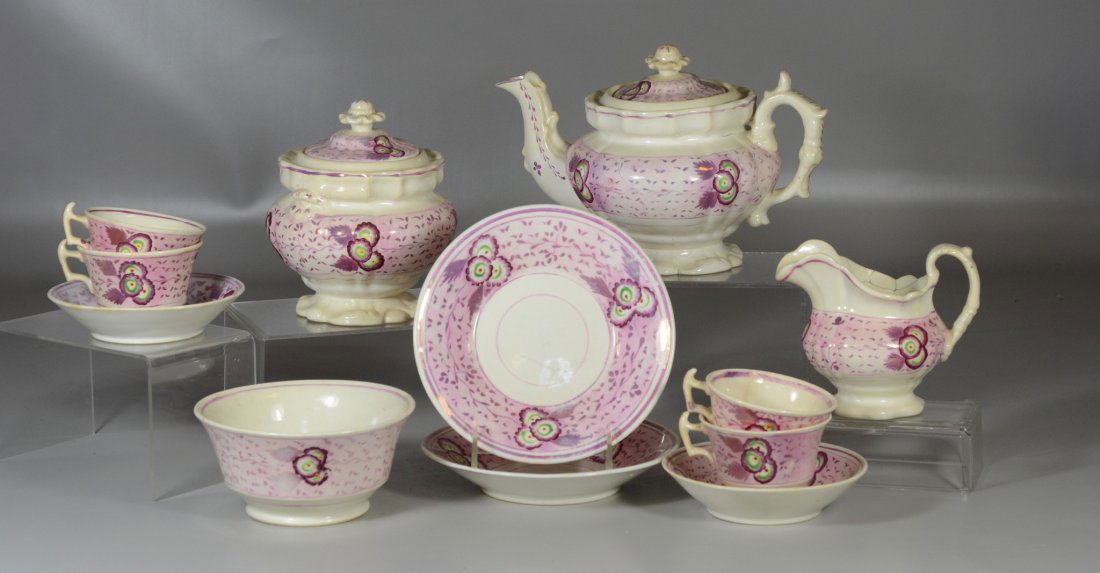 12 piece English pink luster tea set to include teapot, (1 of 1)