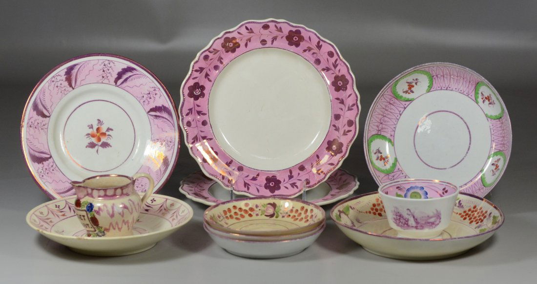 11 pieces of English pink luster china to include pair (1 of 1)