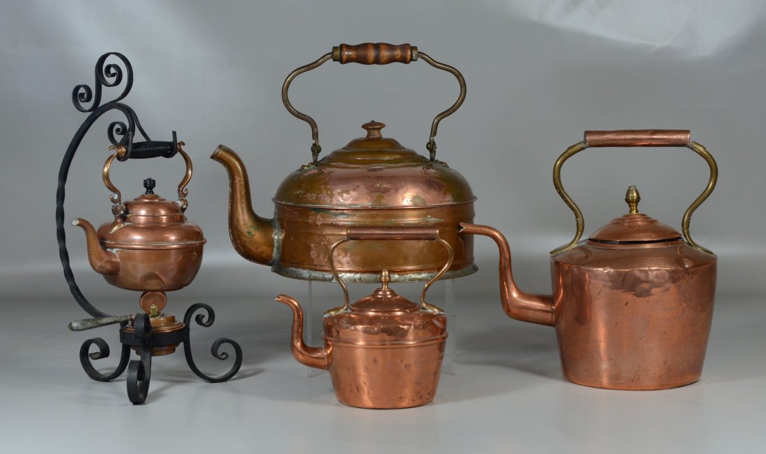 Lot 4 copper kettles, 2 with fixed handles, 12 1/2", 8 (1 of 1)