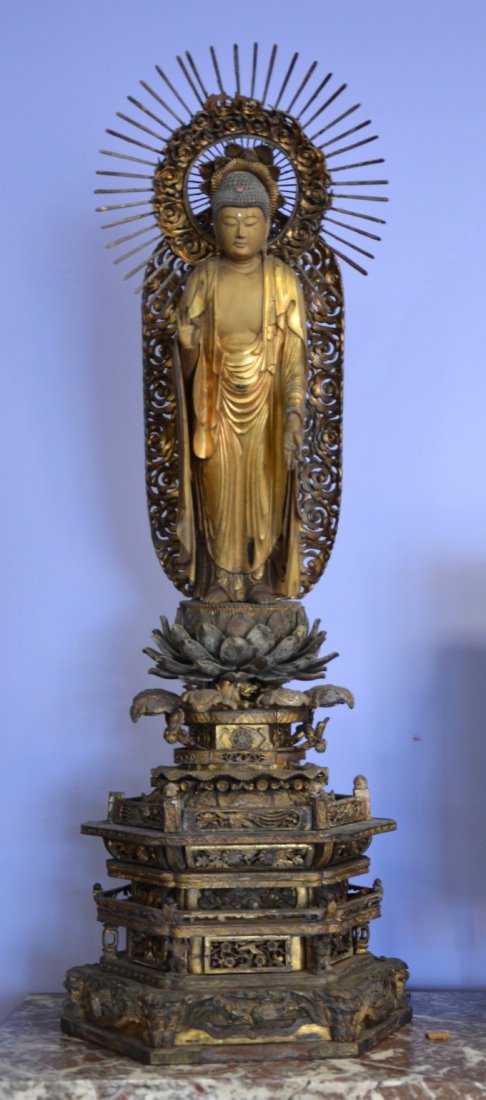 Carved and lacquered Japanese Buddha on ornate (1 of 7)
