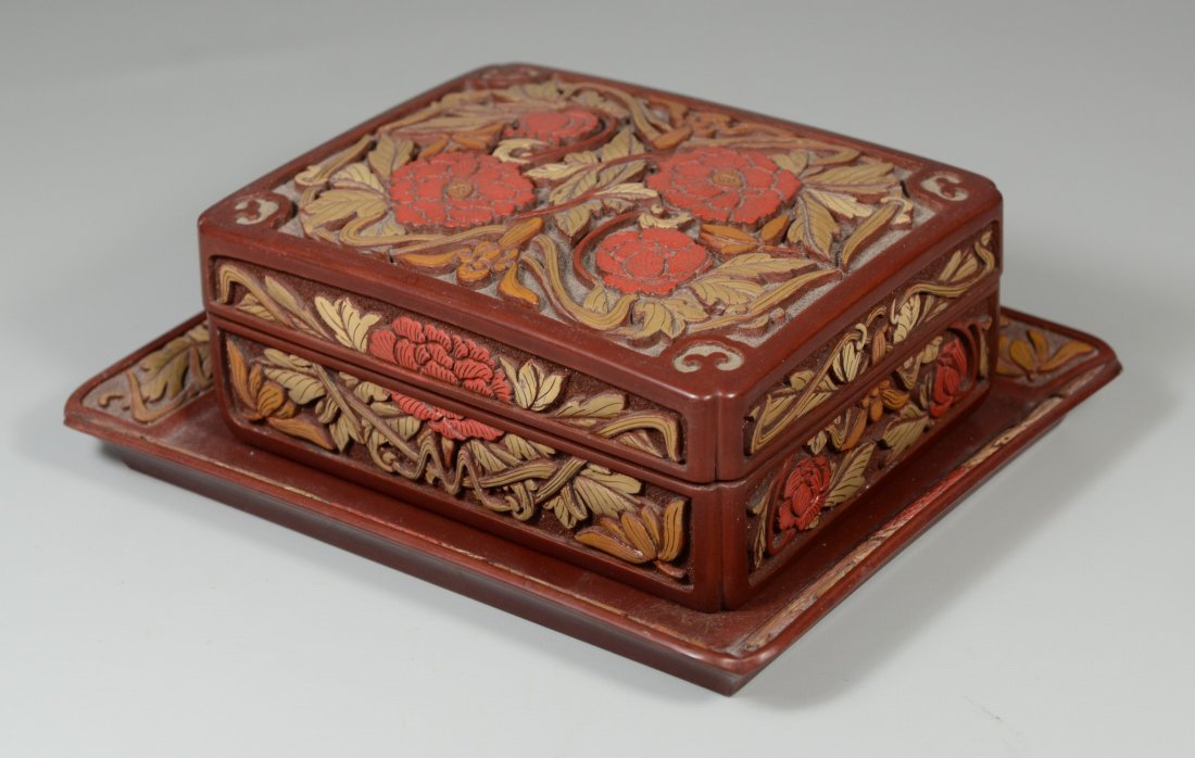 Japanese carved lacquer box and undertray, tray 8" x (1 of 5)