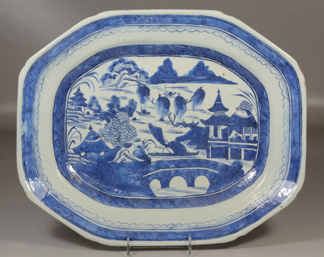 Chinese export Canton blue and white platter, 17" x (1 of 2)