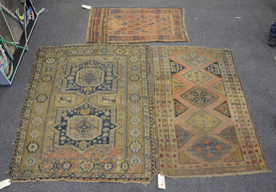 (3) Turkish/Caucasian rugs, throw rugs, all with wear (1 of 4)