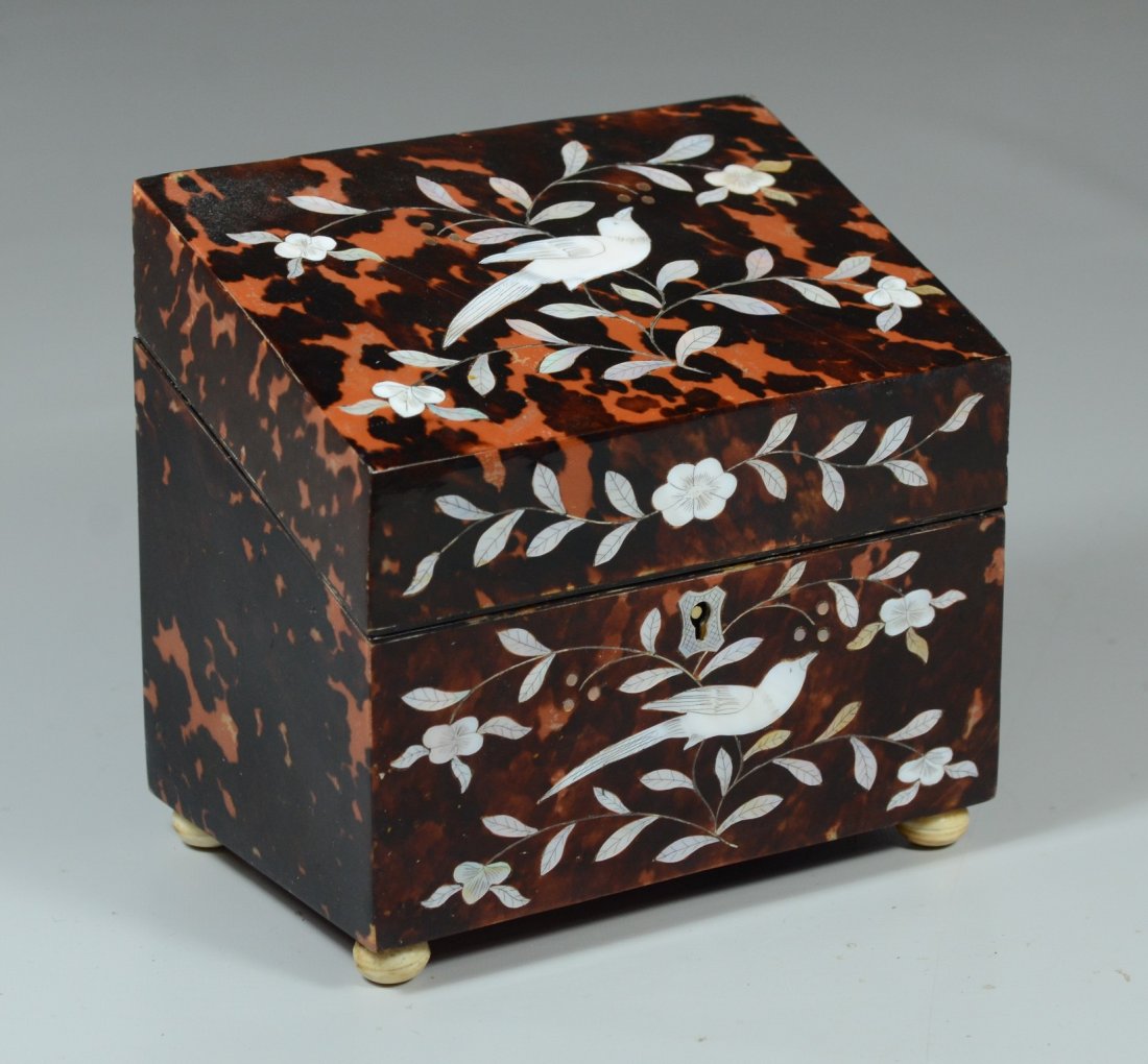 19th c tortoise shell veneered tea caddy, rectangular (1 of 3)