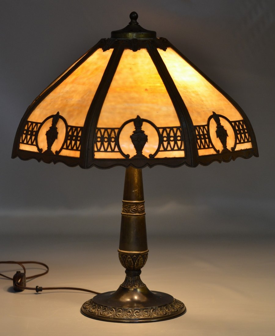 8 panel caramel slag glass table lamp with patinated (1 of 4)