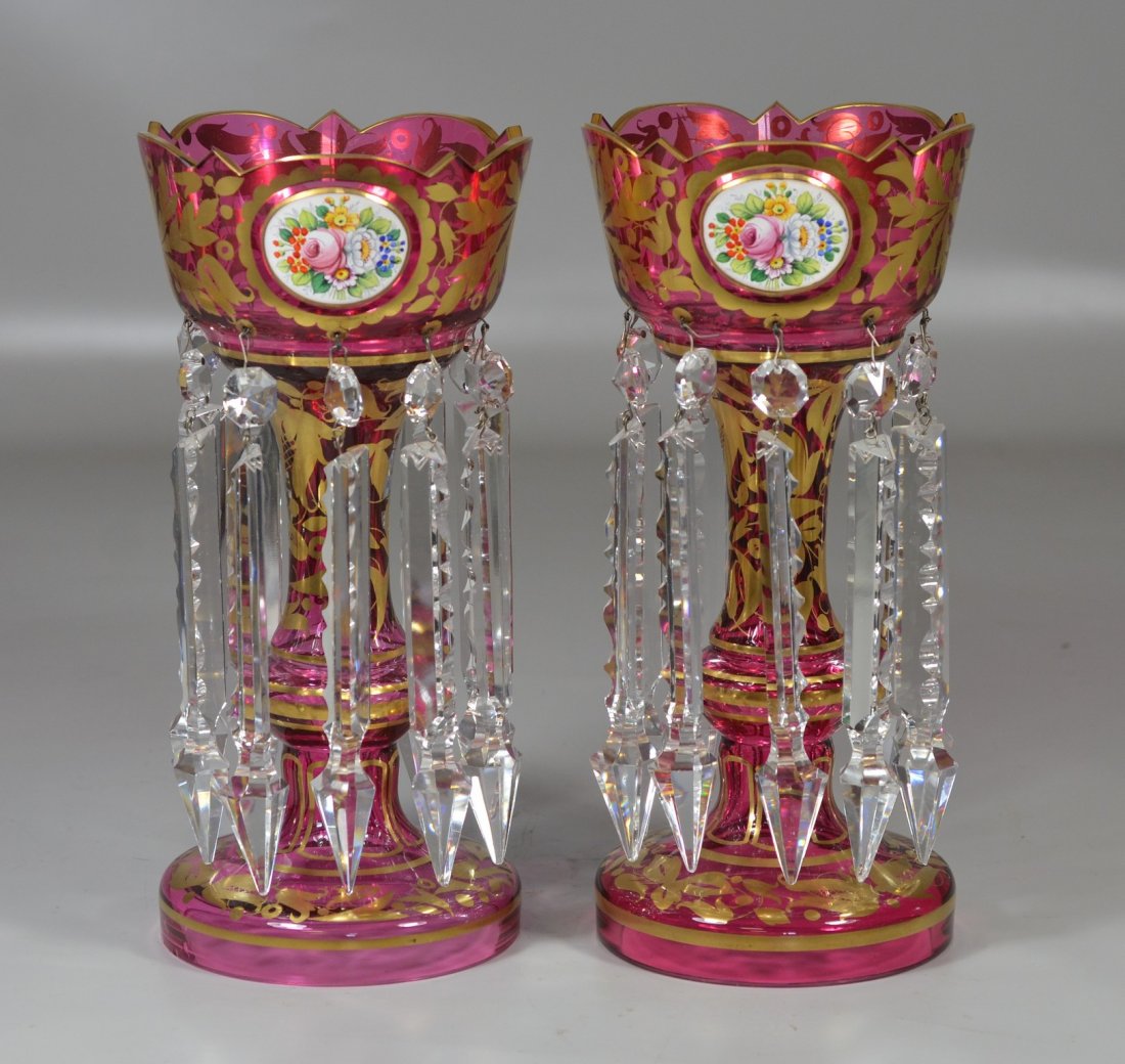 Pair of enameled and gilt cranberry glass lusters with (1 of 2)