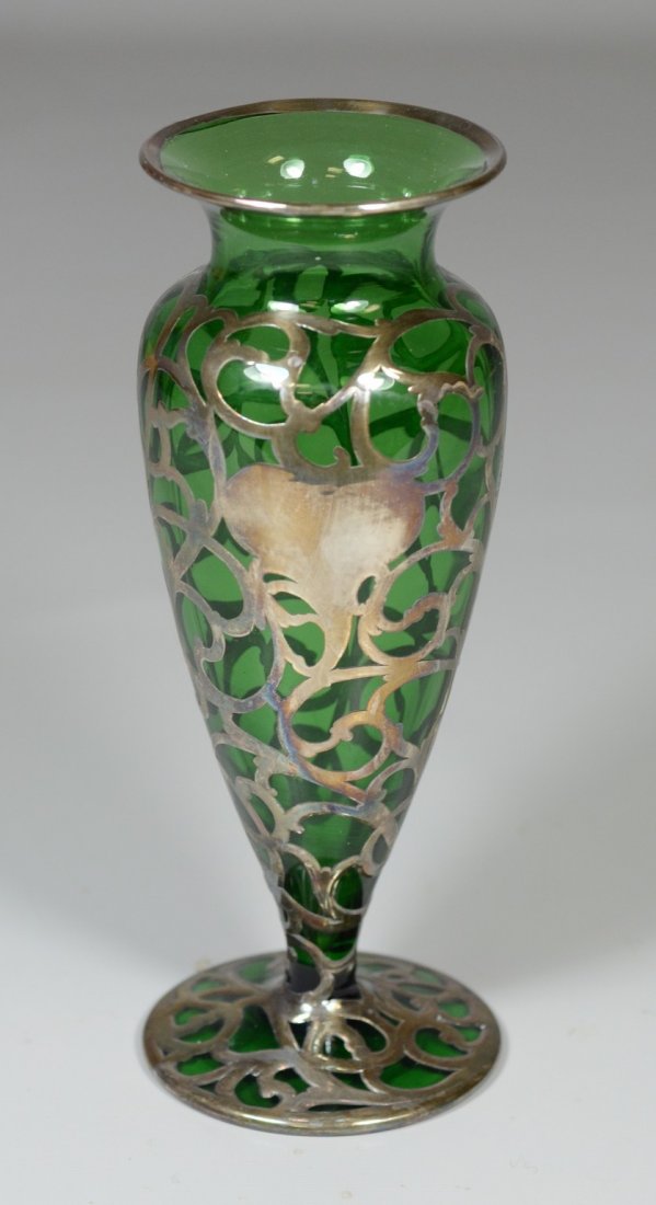 Green silver overlay footed vase, 8" tall (1 of 2)