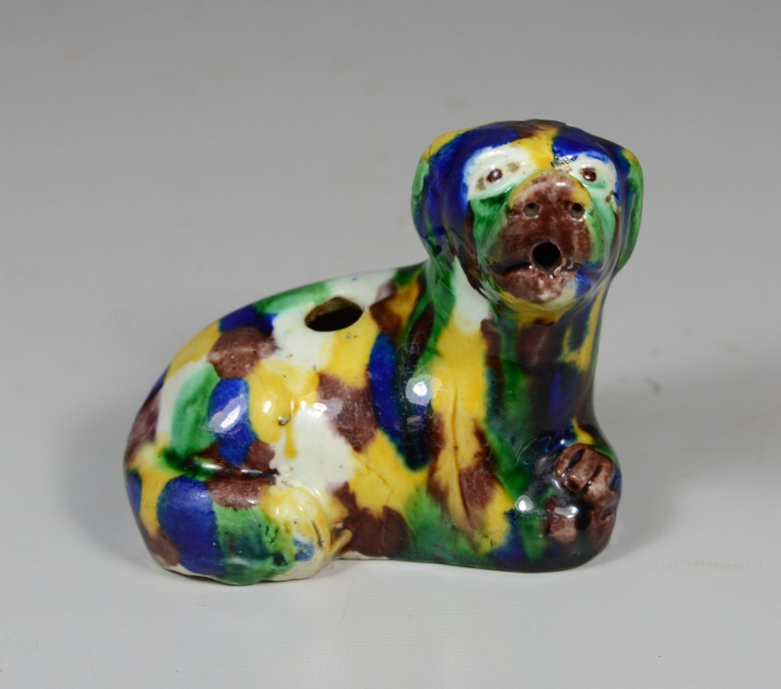 Chinese dog form water dropper with spinach and egg: Chinese dog form water dropper with spinach and egg glaze variant, 3" wide, 2-3/4" high