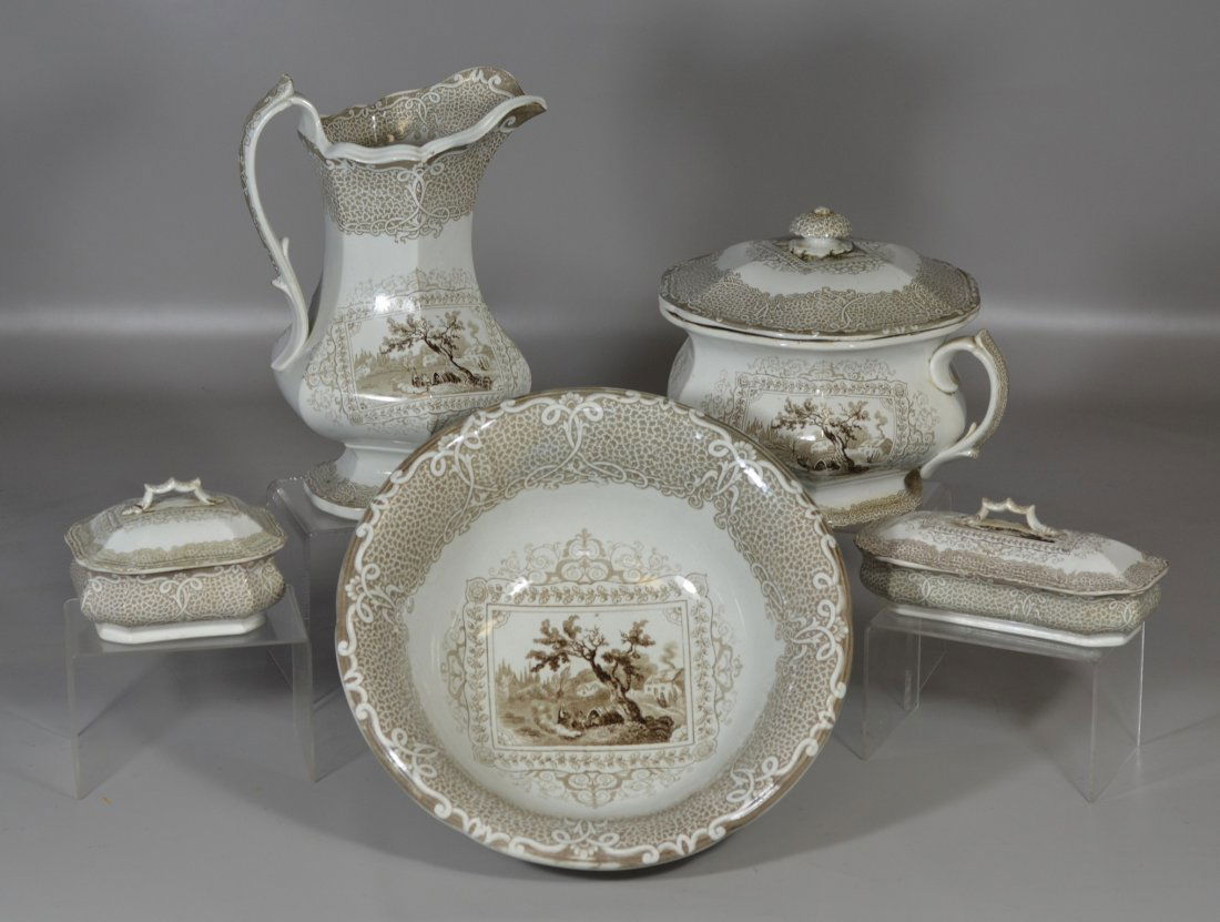 Five-piece brown transferware English Ironstone in the (1 of 1)