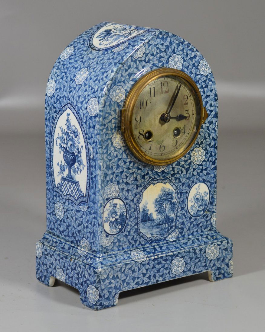 Blue and white transfer French porcelain shelf clock in