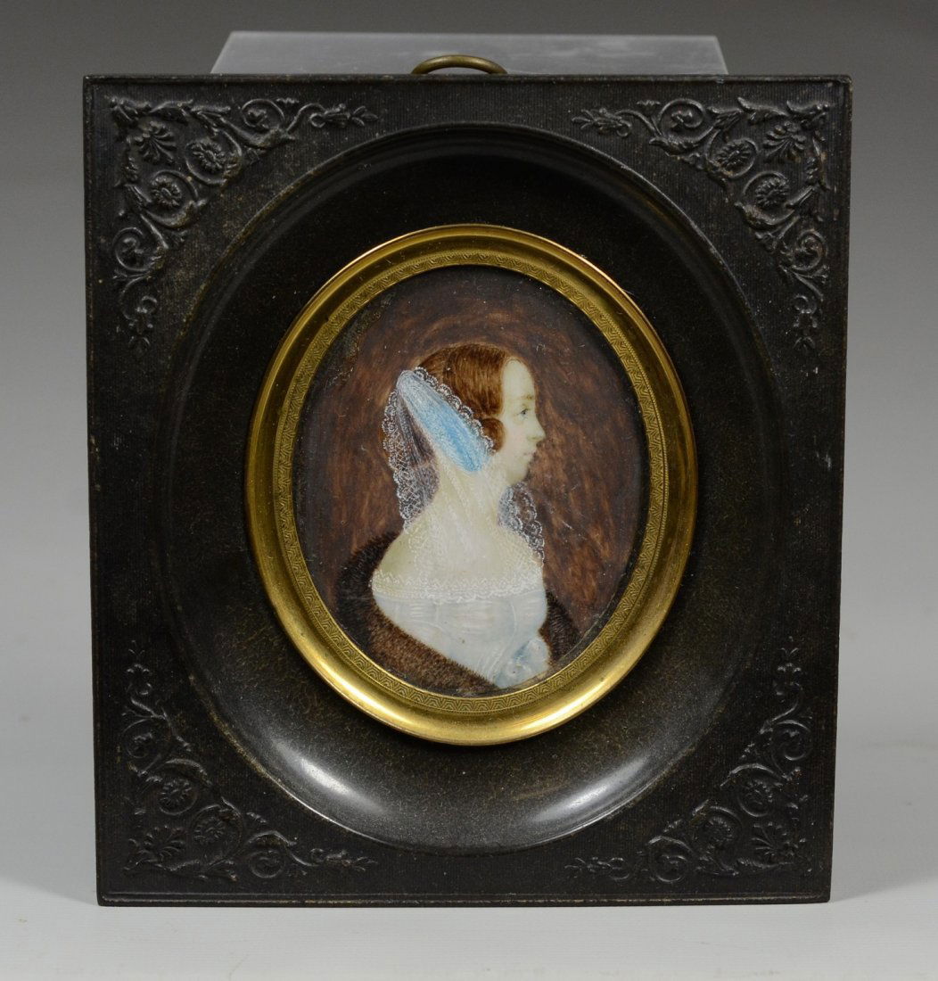 19th c Oval Hand Painted portrait on ivory of young wom (1 of 2)
