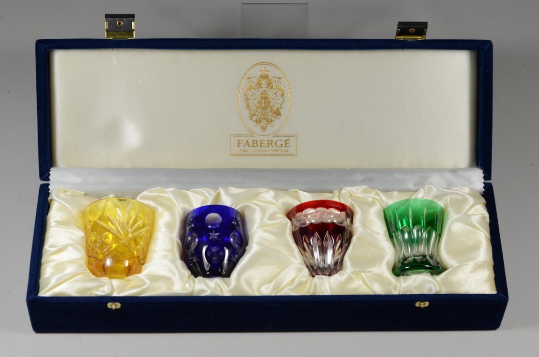 Boxed set of 4 Faberge vodka glasses colored cut to Mar 15, 2016 William Bunch Auctions