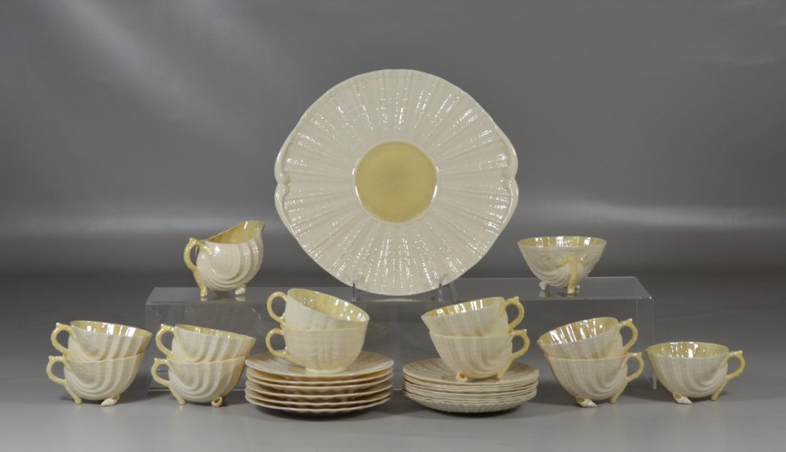 29 pc Belleek shell dessert set:  cake plate, creamer, (1 of 2)