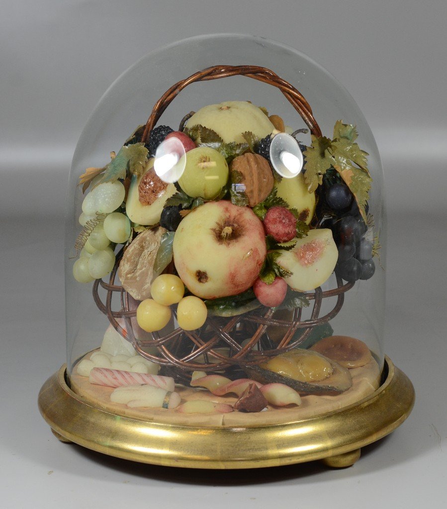 Victorian wax fruit in wicker basket sculpture together (1 of 3)