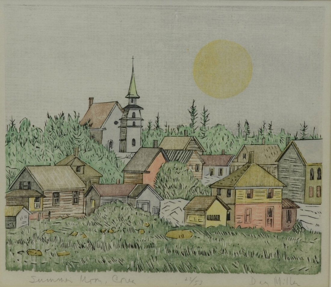 Dan Miller (American, PA, 20th Century, PAFA), color: Dan Miller (American, PA, 20th Century, PAFA), color woodcut, "Summer Moon", ediiton 22/53, pencil signed lower right, 10-1/2" sight, unframed