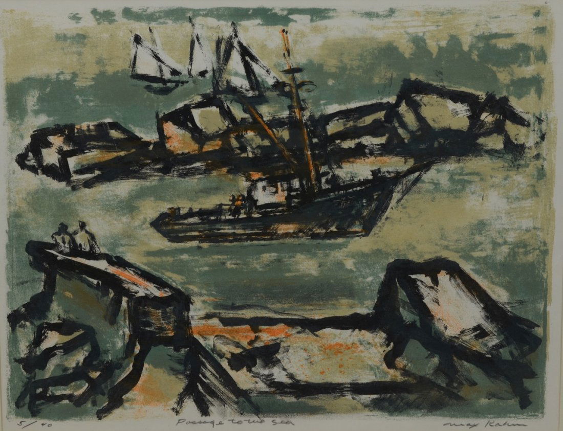 Max Kahn (Belarusian/American, 1902-2005), lithograph,: Max Kahn (Belarusian/American, 1902-2005), lithograph, "Passage to the Sea", edition 5/40, pencil signed lower right, 15-3/4" x 20" sight, 23" x 27" overall