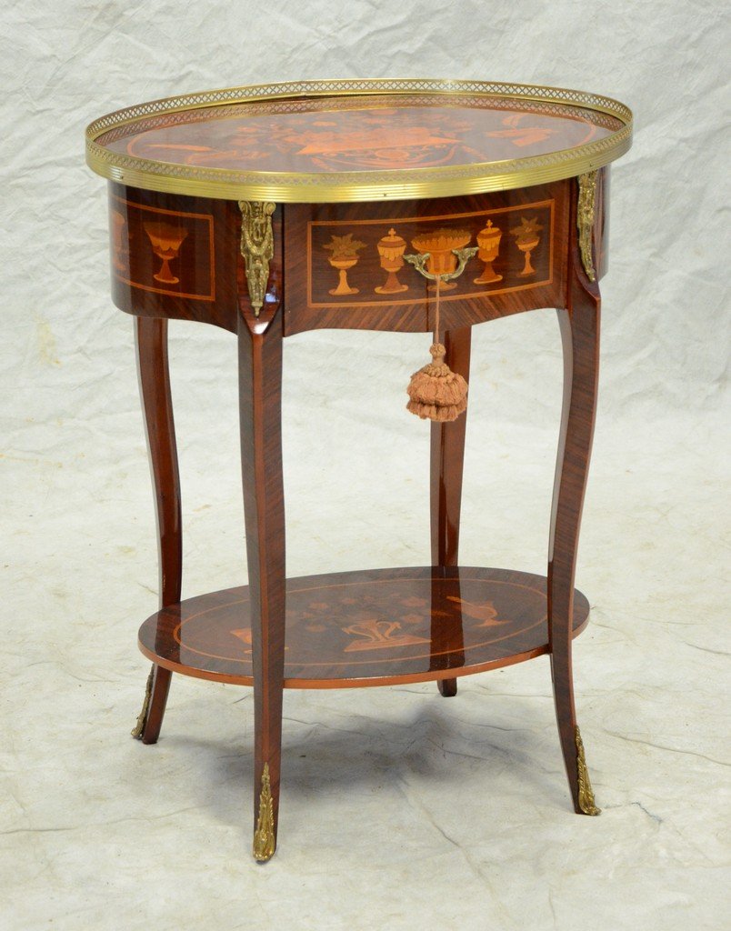 French oval top side table with brass gallery, drawer, (1 of 2)