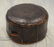 Embossed leather round ottoman, 22" diameter, 13" high,