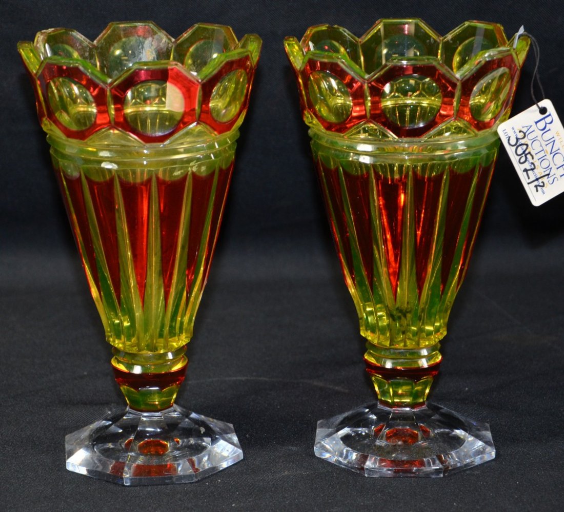 Pr cranberry cut to vaseline crystal vases with (1 of 1)