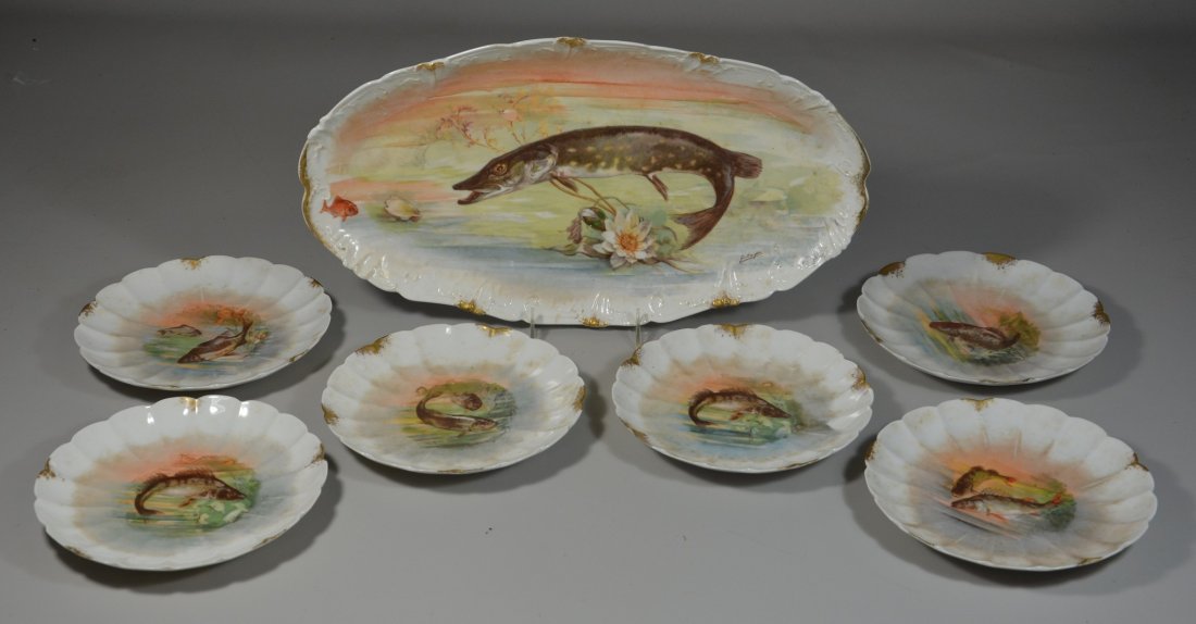 7 Piece Limoges Porcelain Fish Set, platter artist (1 of 2)