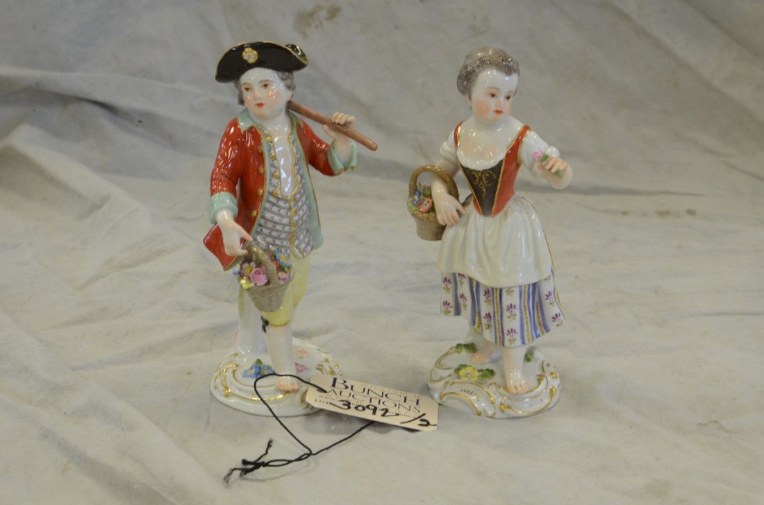 (2) Meissen porcelain figurines, young girl with basket (1 of 3)