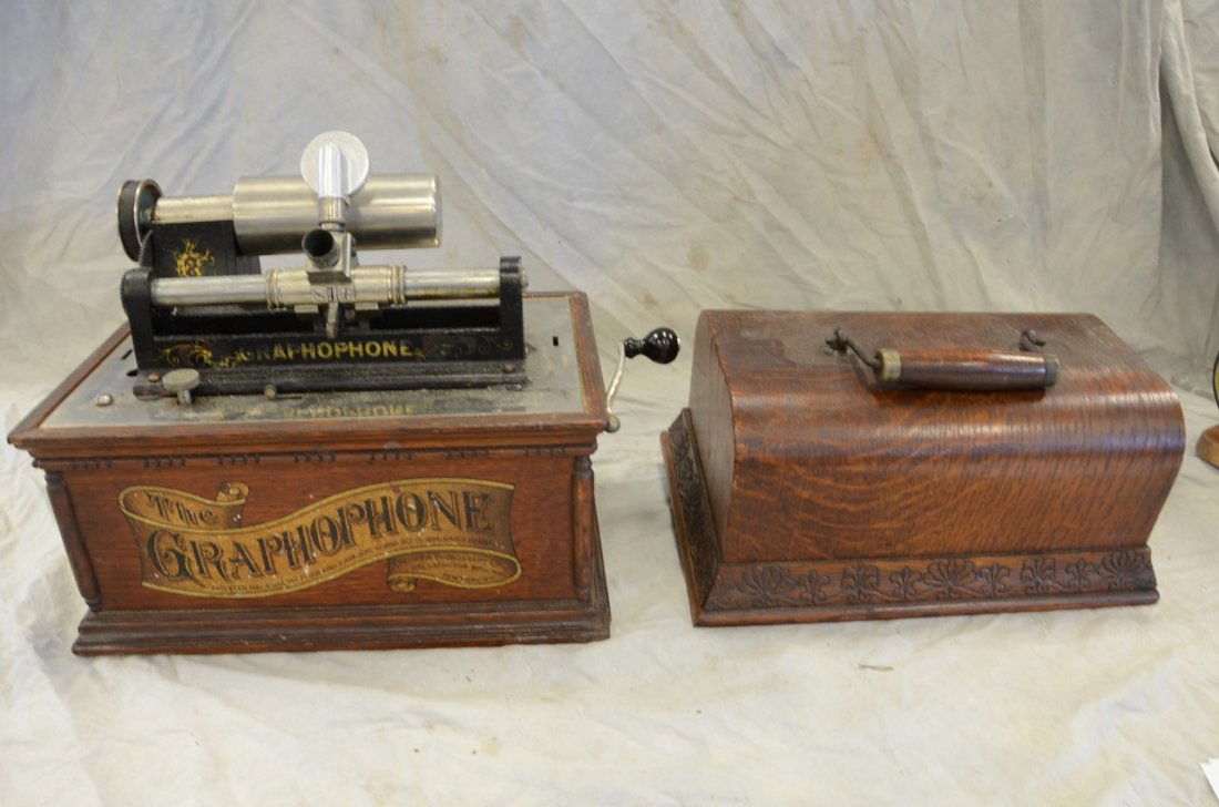 Columbia Graphophone model AT cylinder record player,: Columbia Graphophone model AT cylinder record player, original banner stencil, motor winds & runs, mechanism needs belt, with spare reproducer, 12" w