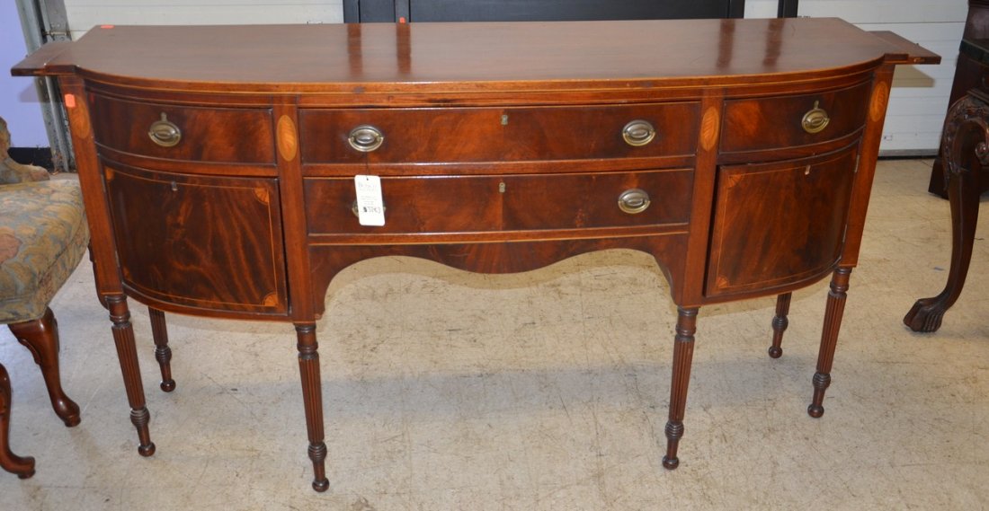Inlaid mahogany Sheraton style bowfront sideboard, (1 of 3)
