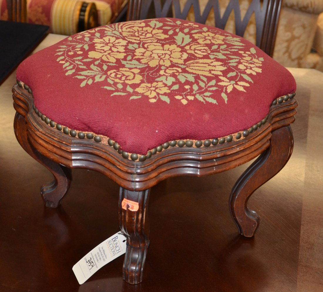 Walnut Victorian footstool with needlepoint seat, one (1 of 1)