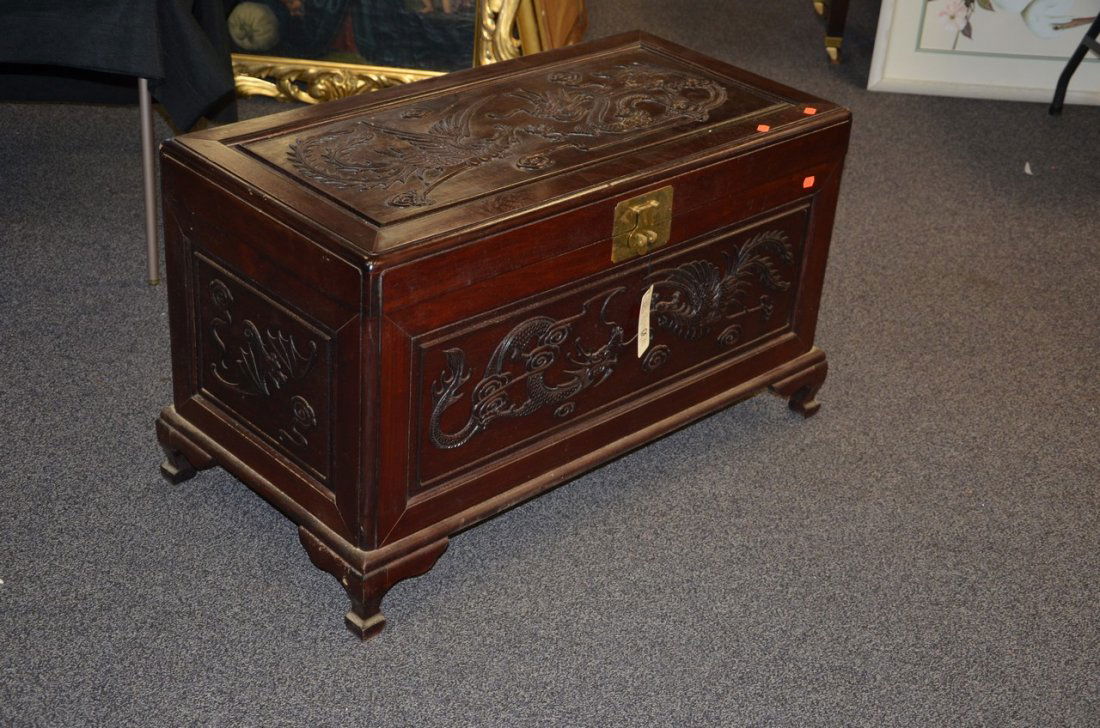 Japanese dragon carved and brass mounted storage box, (1 of 3)