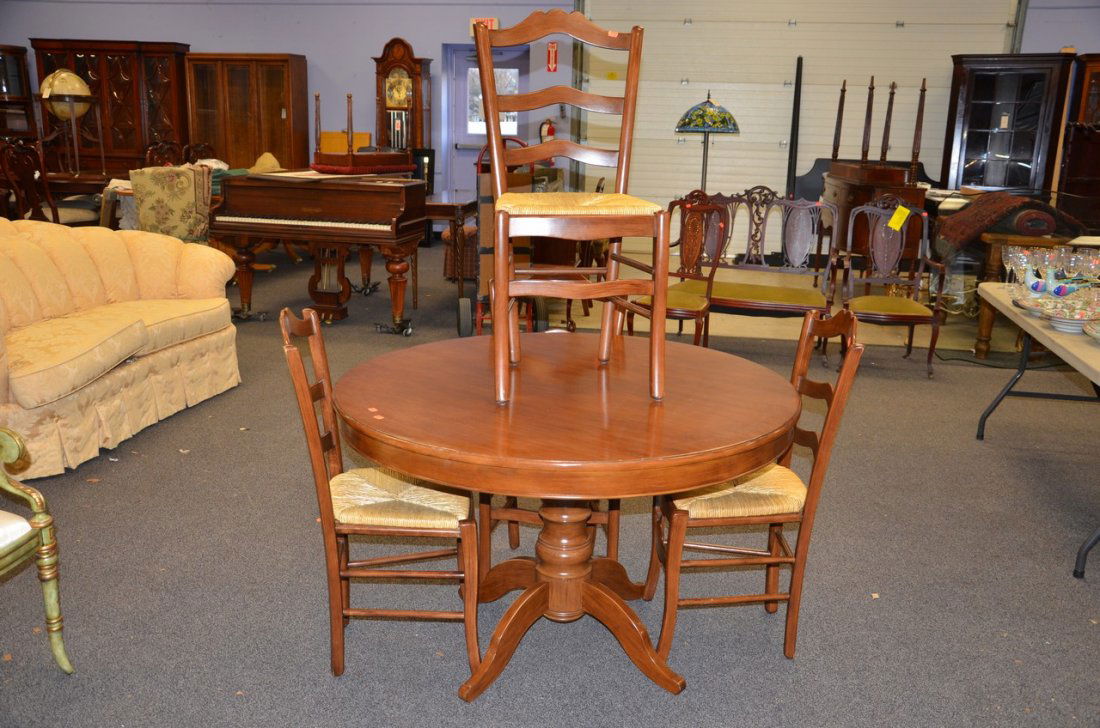 Round fruitwood finished kitchen table with 4 rush seat (1 of 3)