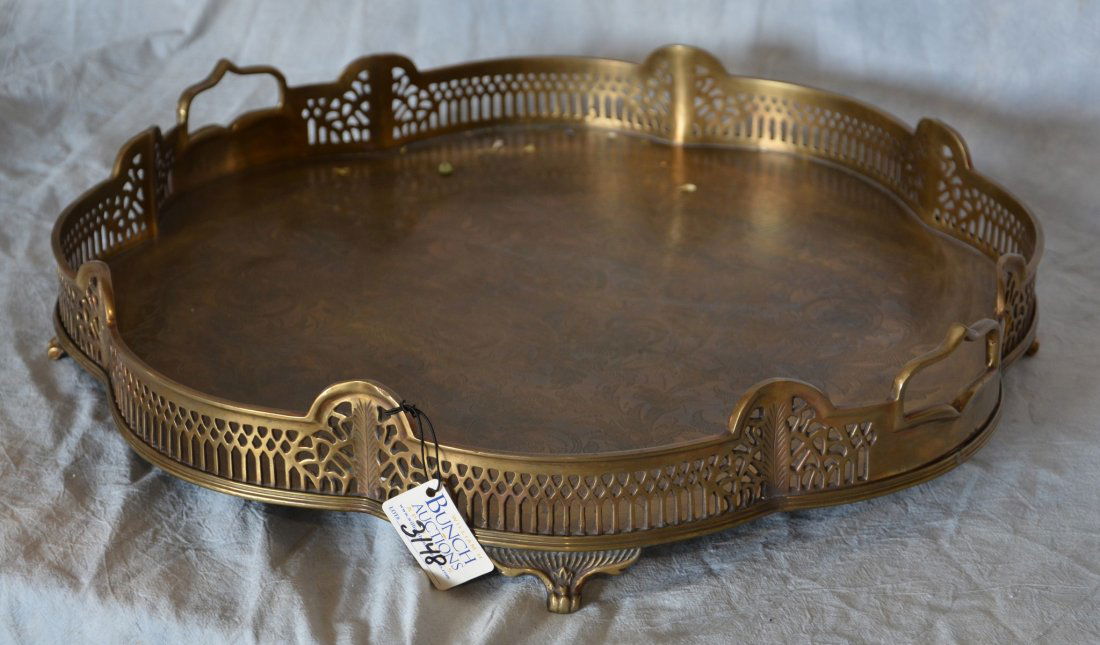Round scalloped engraved brass tray with pierced (1 of 1)