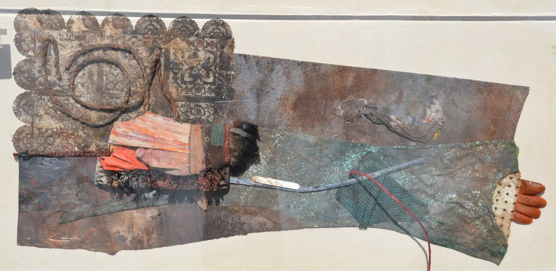 Attributed to Karl Mann, mixed media collage in acrylic: Attributed to Karl Mann, mixed media collage in acrylic frame, Garden tools, feathers, and lace, 38-1/4" x 72" overall