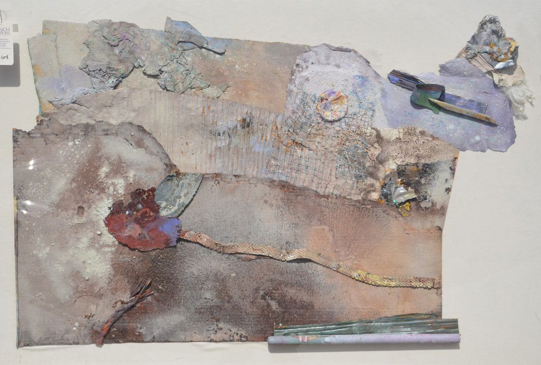 Karl Mann (American, b 1930), mixed media collage in: Karl Mann (American, b 1930), mixed media collage in acrylic frame, Cloth, Wire, and Wood Pole, signed and dated '85 lower left, 39-1/4" x 55-1/4" overall
