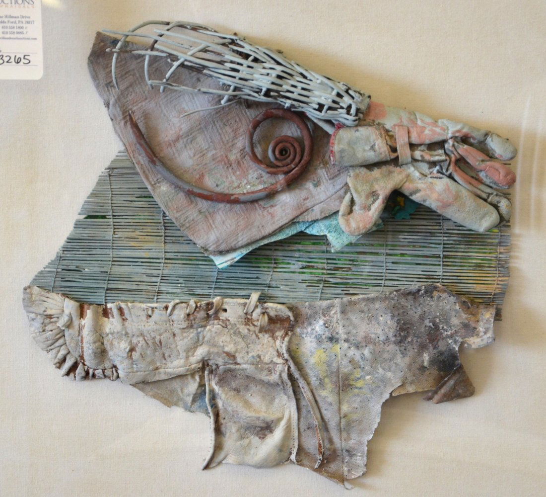 Karl Mann (American, b 1930), mixed media collage in: Karl Mann (American, b 1930), mixed media collage in acrylic frame, Wicker, Glove, and Leather, 25-3/4" x 25-1/2" overall