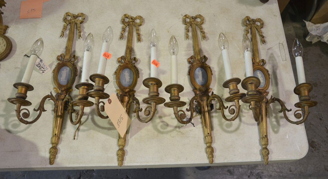 (4) Double arm gilt brass wall sconces with blue jasper (1 of 1)