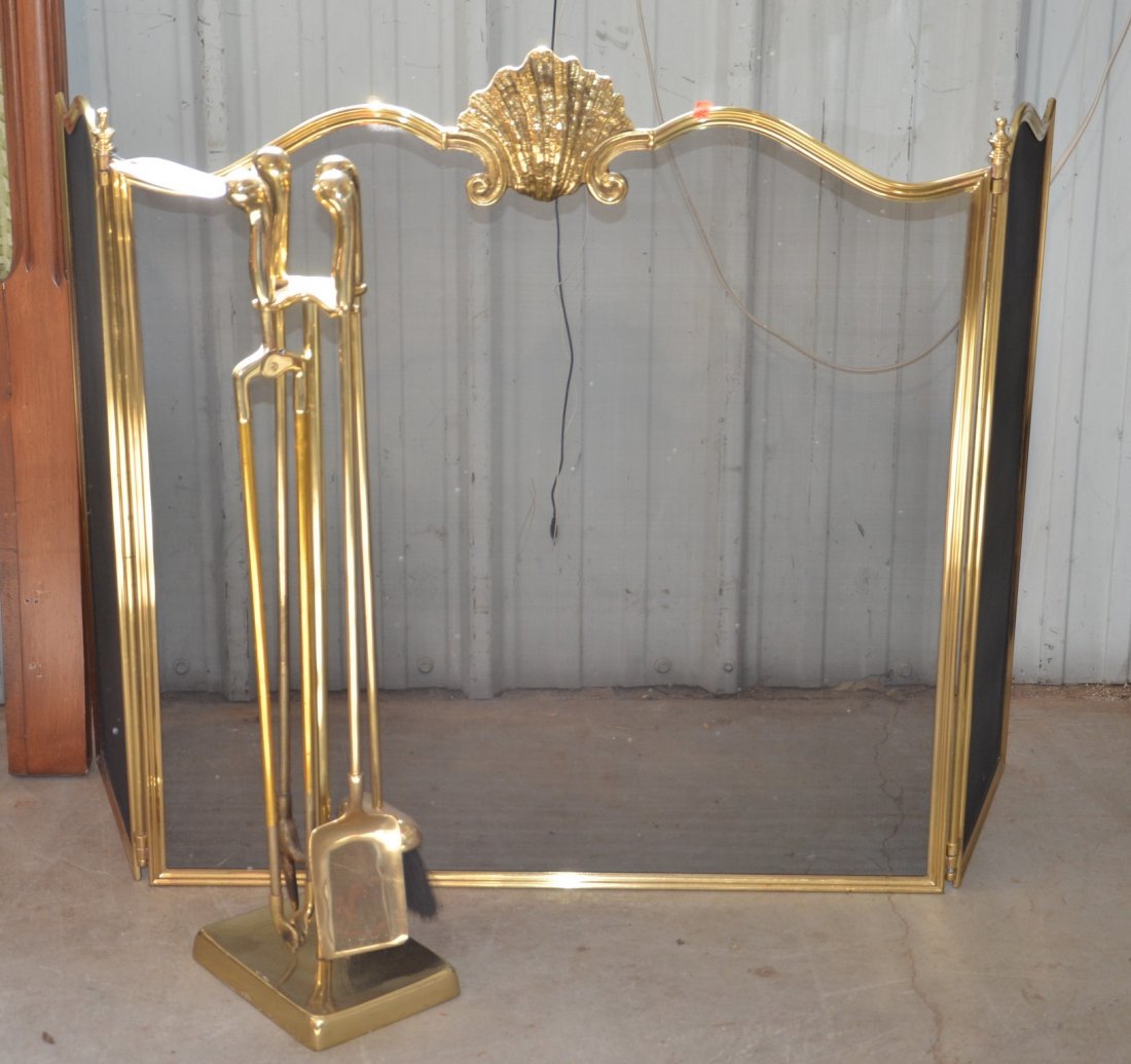 5 pc brass fireplace set c/o screen, broom, shovel, (1 of 1)
