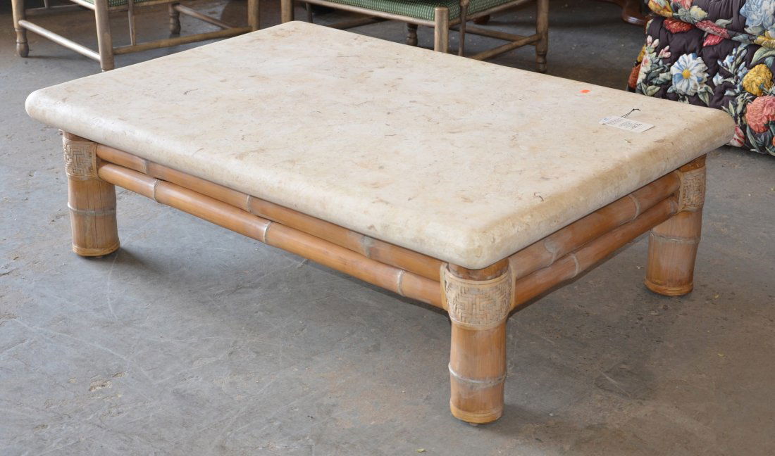 Stone and bamboo coffee table, 17" tall, 36" long, 55": Stone and bamboo coffee table, 17" tall, 36" long, 55" wide