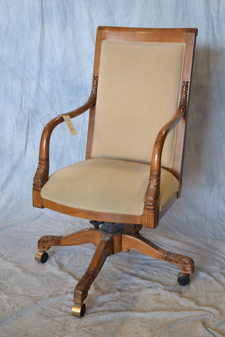 Cloth upholstered carved fruitwood office chair, 45" (1 of 1)