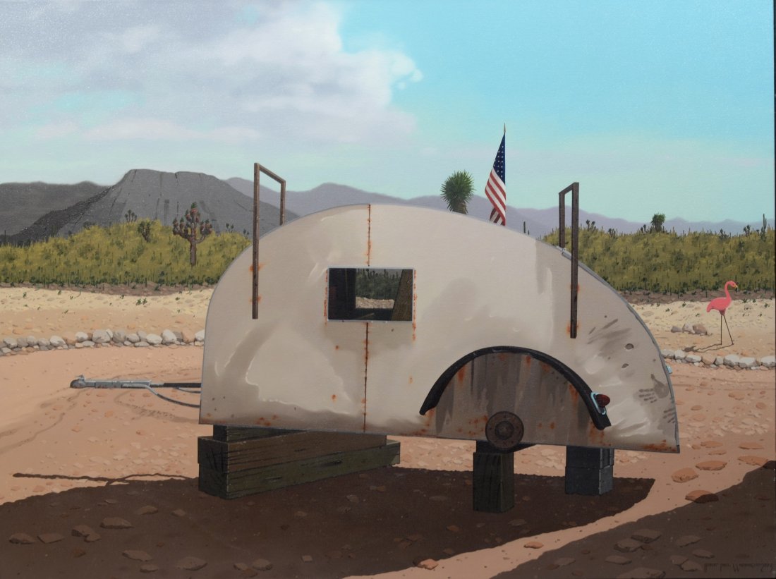 Robert Paul Waddington (American, 20th Century, PAFA),: Robert Paul Waddington (American, 20th Century, PAFA), oil on canvas, Trailer in the Desert, signed and dated 2003 lower right, 35-1/2" x 47-1/2" canvas,