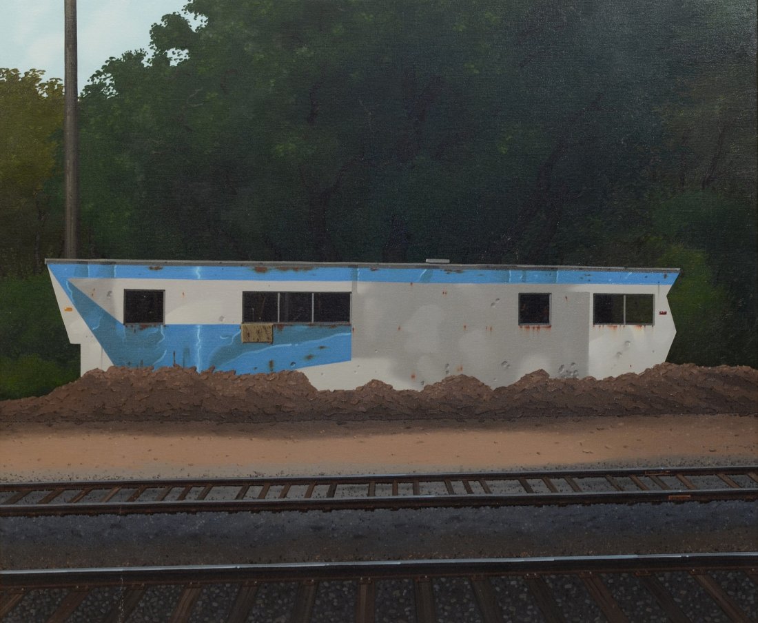 Robert Paul Waddington (American, 20th Century, PAFA),: Robert Paul Waddington (American, 20th Century, PAFA), oil on canvas, "House by the Railroad", signed on verso, 30" x 36" canvas