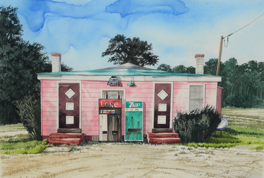 Robert Paul Waddington (American, 20th Century, PAFA),: Robert Paul Waddington (American, 20th Century, PAFA), watercolor, Belle's Place, pencil signed and dated 1991 lower left, 15-3/4" x 22" sheet, 18-1/2" x 24-1/2" overall