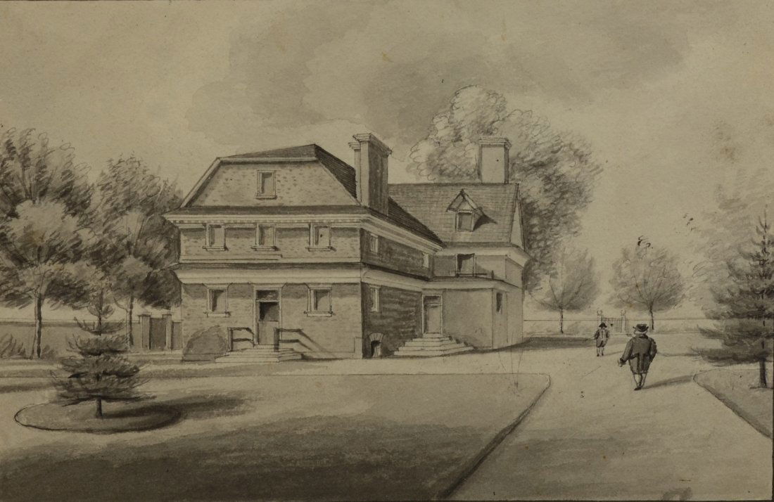 Attributed to David Johnson Kennedy (American, PA,: Attributed to David Johnson Kennedy (American, PA, 1816-1898), watercolor, Carpenter's Mansion, Chestnut Street, 4-3/4" x 6-3/4" sight, 11-3/8" x 13-1/4" overall, Ex- Collection of Irvin & Anita Schor