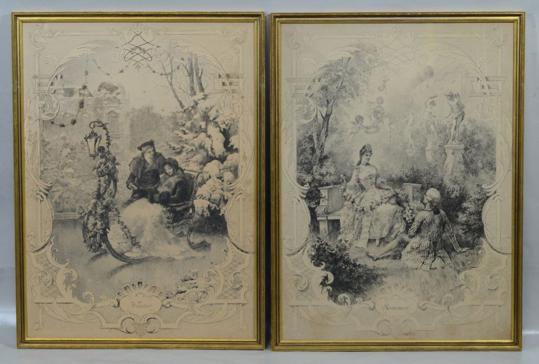 (2) Heinrich Lefler (Austrian, 1863- 1919), engravings,: (2) Heinrich Lefler (Austrian, 1863- 1919), engravings, Winter and Sommer, 30-3/4" x 22-1/2" sight, 33" x 24-1/2" overall, some discoloration and foxing, Ex- Collection of Irvin & Anita Schorsch, Hidd