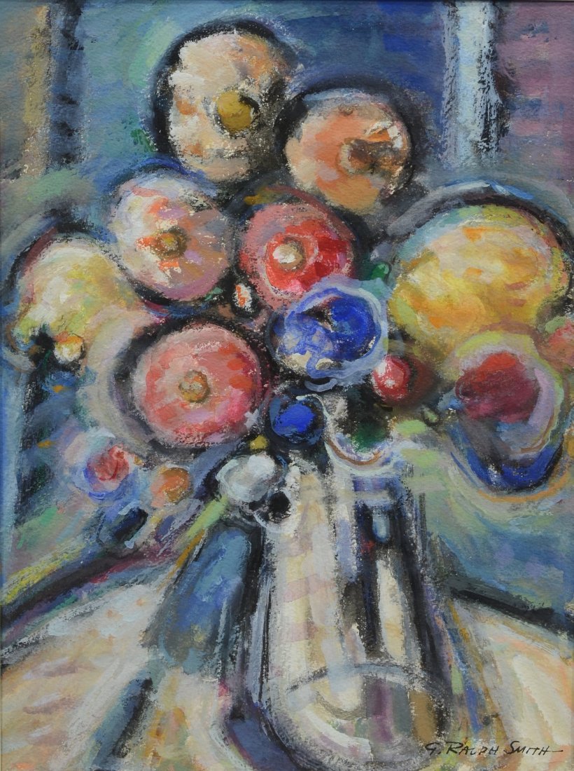G Ralph Smith (American, PA, 1907-2007), water and: G Ralph Smith (American, PA, 1907-2007), water and gouache on paper, Flower Arrangement, signed lower right, 1`5-1/4" x 11-1/4" sight, 21-3/4" x 17-1/2" overall